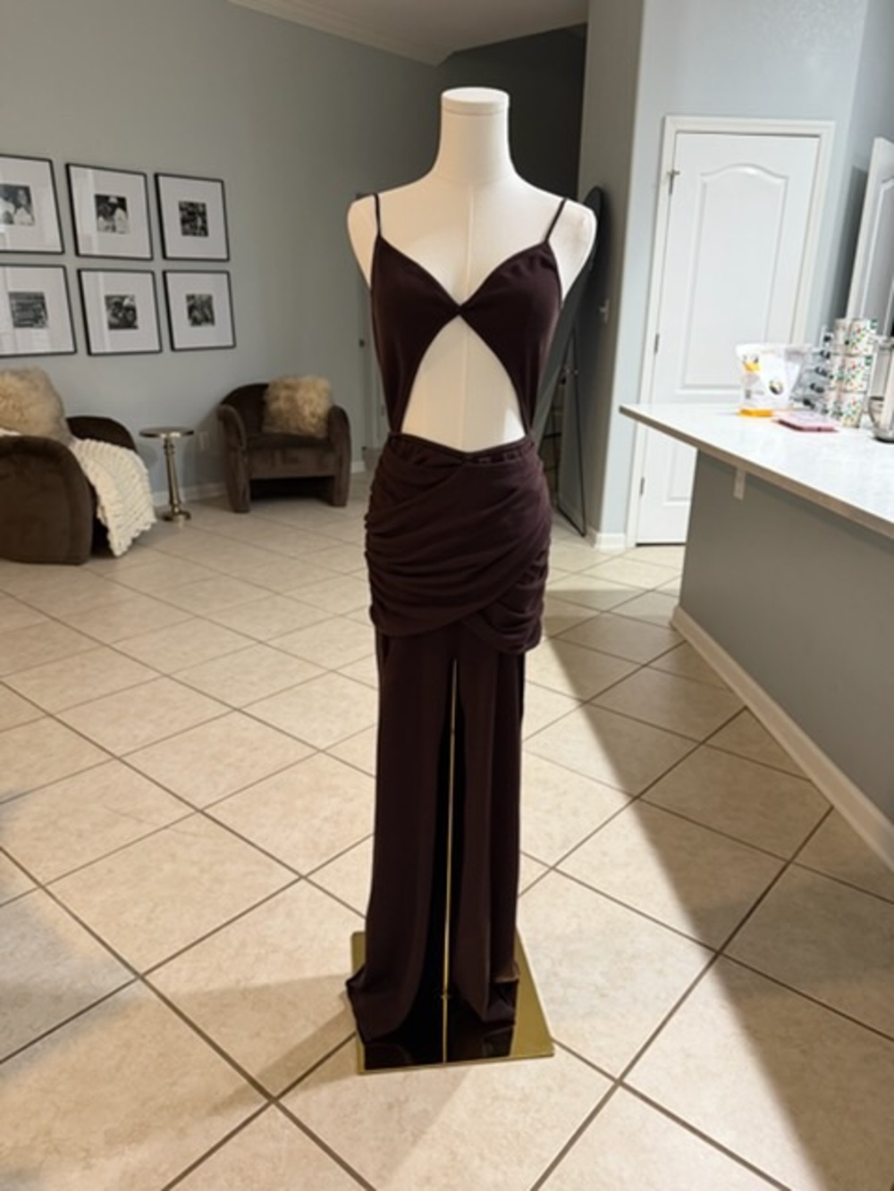 Meshki Chocolate Brown Cutout Evening Gown
